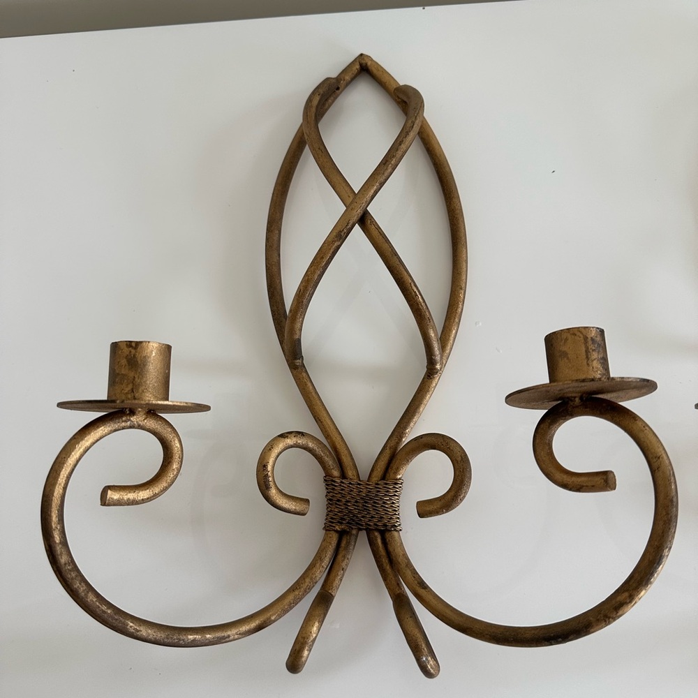 Set of 2 vintage gold tone metal wall candle